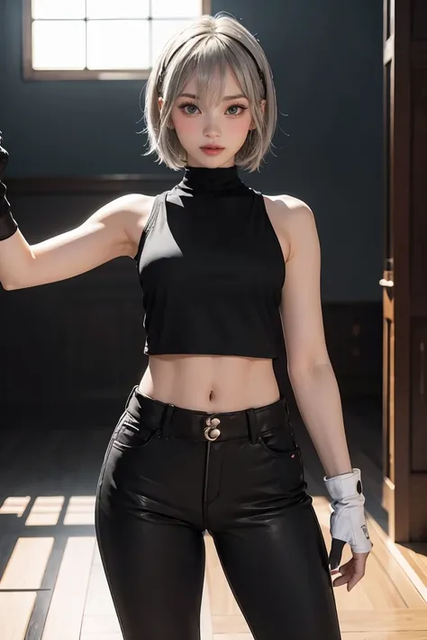 masterpiece, best quality,alhaitham(genshin impact), 1girl, female focus, shirt, solo, gloves, sleeveless shirt, grey hair, green eyes, sleeveless, ahoge, black shirt, bangs, hair over one eye, black gloves, indoors, sanctuary, fingerless gloves, black pan...