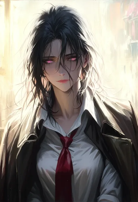 ((adult)), (woman), ((tall)), Moses from distortion detective, masterpiece, best quality, dark aura, short black hair with white strips, (messy hair) , light pink eyes, plain white shirt, coat over shoulders, white shirt, messy red necktie, (faint smile), ...