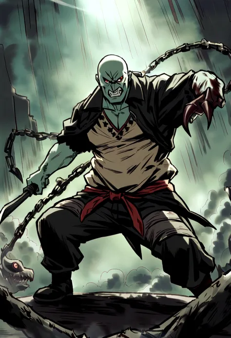 /imagine prompt: Frank the Butcher, a demon hunter, wielding a hook with a chain as his weapon. He is tall, heavily built, with a belly, wearing dirty clothes. Frank is bald, with white skin, bloodshot eyes, and sharp piranha-like teeth. Capture him in a b...