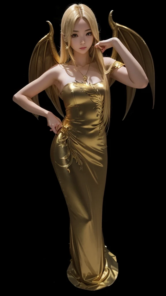 A perfectly beautiful girl, blonde straight hair, long gold dress, golden dragon wings.