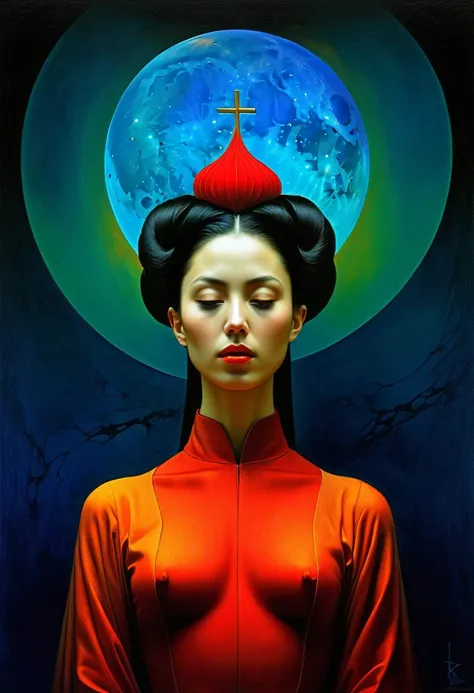 Iconic Lady in the Dark with bright colors，but extremely beautiful,masterpiece,religion, The Minimalists,Mysterious surrealism, Solid color ,Gorgeous,complicated,Michael Curtis Style,Caravaggio style,Digital artwork by Beksinski，Zhao Liying，Liu Shishi