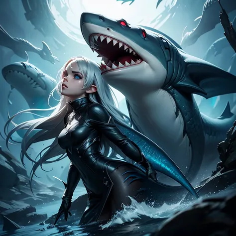 a beautiful woman with shark features, photorealistic, hyperdetailed, 8k, dramatic lighting, cinematic, mystical, glowing eyes, sharp teeth, detailed scales and fins, dark and moody atmosphere, surreal and fantastical, digital art