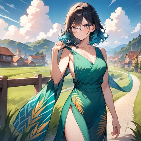 (masterpiece),(best quality),very aesthetic,(ultra-detailed),(super-fine illustration),nsfw,1girl,25yo,slender,tall,medium hair,black hair,natural wave hair,flipped hair,straw hat with leaf color ribbon,black eyes,enjoyable,happy,relaxing,walking,Humming a...