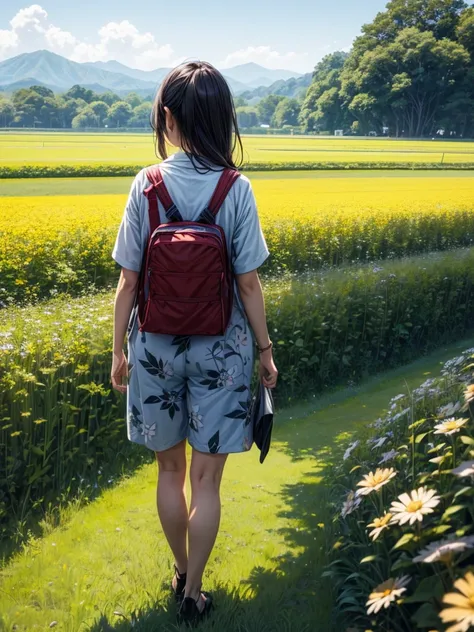 summer, hot, Japan, field, null, Person standing on the right, Back view,