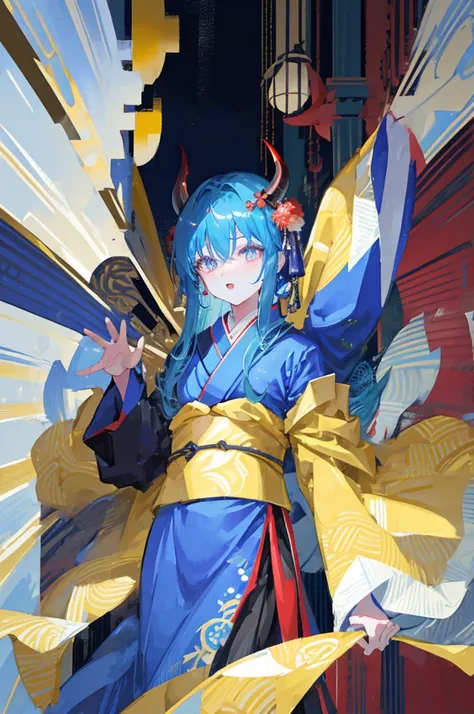 One woman、Blue Skin、Very long hair、Yellow Eyes、Devil horns、Japanese Kimono、Black kimono、upper body, 