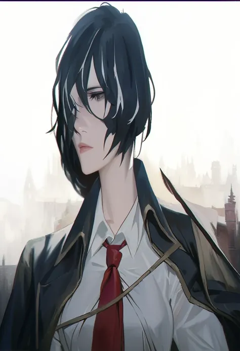 ((adult)), (woman), ((tall)), Moses from distortion detective, masterpiece, best quality, dark aura, short black hair with white strips, (messy hair), plain white shirt, coat over shoulders, white shirt, red scarf tie, (faint smile), realistic anime style,...