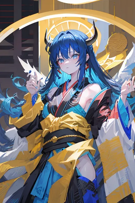 One woman、Blue Skin、Very long hair、Yellow Eyes、Devil horns、Japanese Kimono、Black kimono、(((upper body))), 