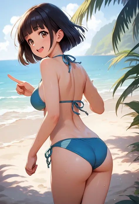 score_9,score_8_up,score_7_up,masterpiece,best quality, source anime, realistic, super detailed, extreme detailed, rating_safe,
1girl, walking, (pointing over there:1.2), from behind, looking back viewer,  
BREAK girl, 22yo, short hair, bob cut, (blunt ban...