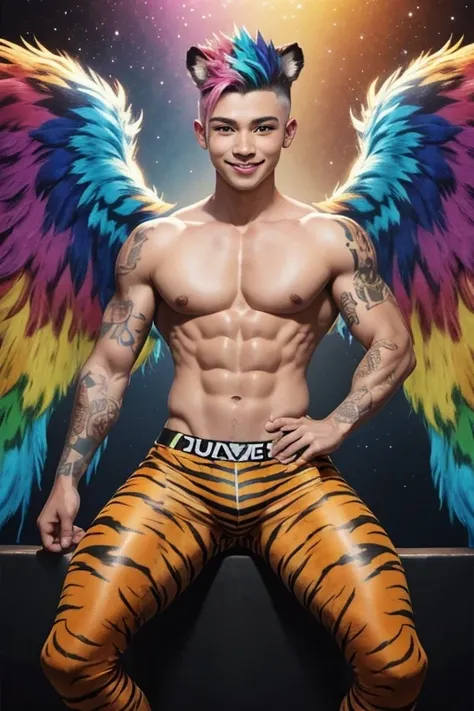 Cute very young male Angel with very colorful tiger fur all over the body, completely colorful from head to toe, colorful angel tiger, buntes tigerstreifentattoo auf ganzem Körper!!!, large wings, short mohawk hairstyle, european, Scandinavian, bunte tiger...