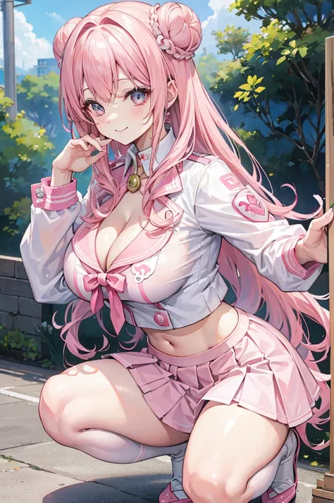 one woman, pink hair, gyaru, canine, aquamarine eyes, Double bun , 
navel, manicure, curly long hair, neat white uniform, smiling eyes, smile brightly, squatting cleavage, cute, short pink skirt, very large breasts