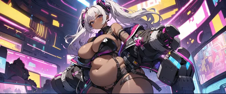 Anime illustration、Highest quality、cyber punk、Plump Gravure Idol、Perfect proportions、Seductive pose,Black-skinned bunny girl、Bird&#39;s-eye view,Watching the audience,Bunny ears、Luxurious bathroom、chandelier、Used condom on hip、smile、Big Breasts、Thick thigh...