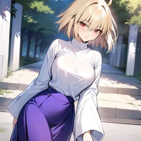 masterpiece,best quality,Arcueid,red eyes,short hair,1girl, white sweater, solo,looking at viewer, purple long skirt,wide sleeves,hair between eyes,long sleeves,breasts,outdoors, 