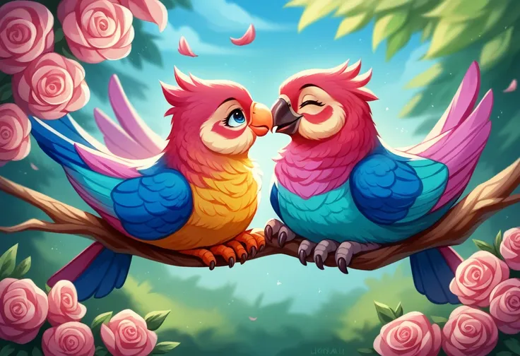 Two vibrant colorful birds perched on a branch with buds and flowers, Sitting with its beak open,Colorful 8K,Colorful HD images, ４K quality,Beautiful Art UHD 4K,Beautiful Nature, realistic digital art,Vivid and realistic colors,Realistic,Lovely couple, Kis...