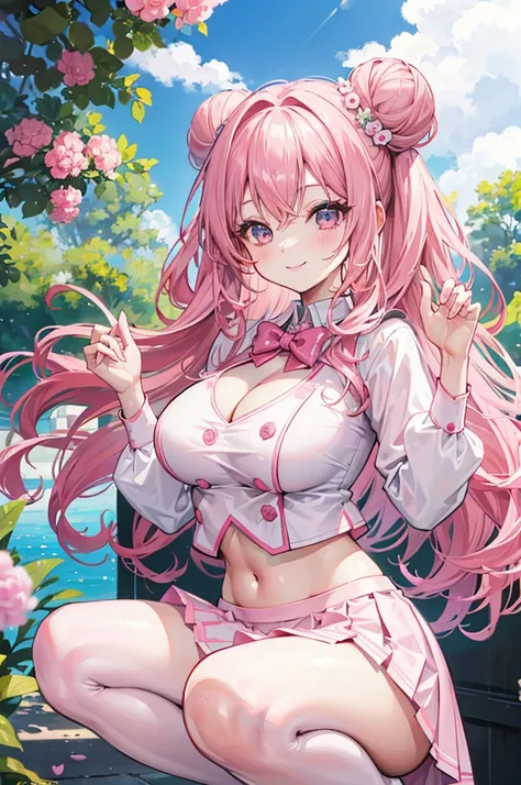 one woman, pink hair, gyaru, canine, aquamarine eyes, Double bun , 
navel, manicure, curly long hair, neat white uniform, smiling parabolic eyes, smile brightly, squatting cleavage, cute, short pink skirt, very large breasts