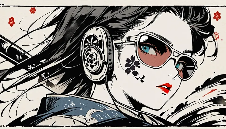 Ink Painting, (((1 girl))), (((Tattoo on face))), (((sunglasses))), (((Japanese sword))), Japanese style headphones, beautiful girl, Black Hair, Delicate and precise, Modern ukiyo-e style, background color Darkness