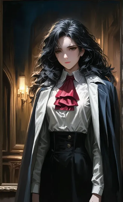 ((adult)), (woman), ((tall)), Moses from distortion detective, masterpiece, best quality, dark aura, short black hair with white strips, (messy hair), plain white shirt, coat over shoulders, white shirt, red ascot, (faint smile), realistic anime style, (oi...