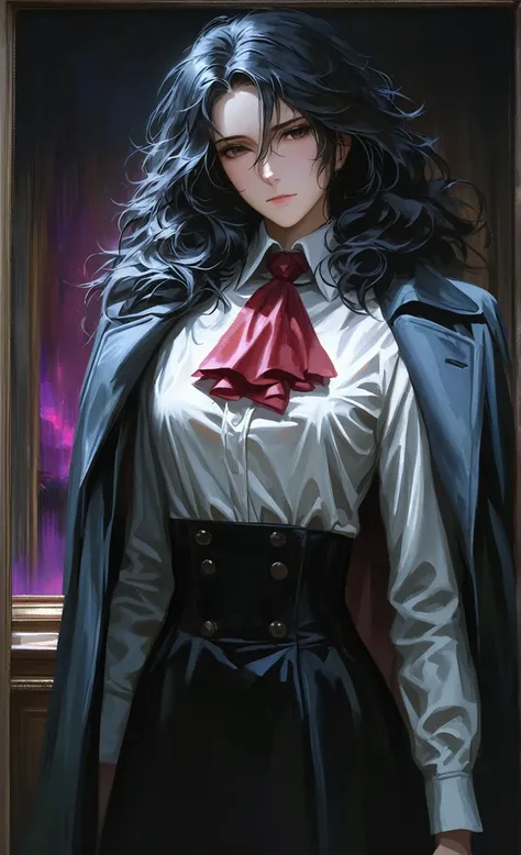 ((adult)), (woman), ((tall)), Moses from distortion detective, masterpiece, best quality, dark aura, short black hair with white strips, (messy hair), plain white shirt, coat over shoulders, white shirt, red ascot, (faint smile), realistic anime style, (oi...