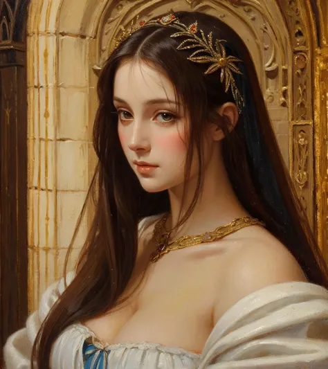 Medieval France, Beautiful woman, unique beauty, Oil Painting, work of art, long  hair, seducing gaze, young woman