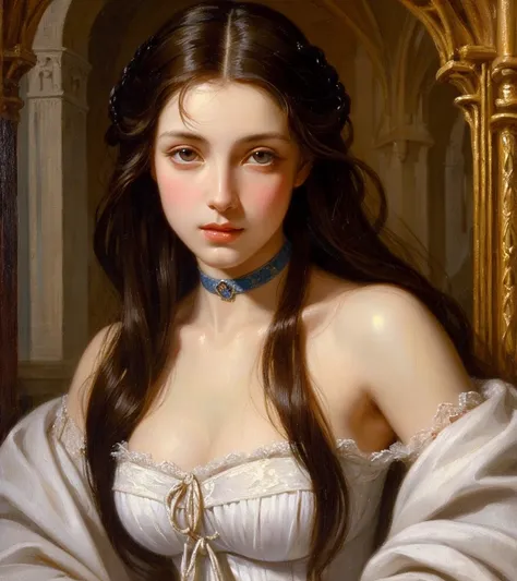 Medieval France, Beautiful woman, unique beauty, Oil Painting, work of art, long  hair, seducing gaze, young woman