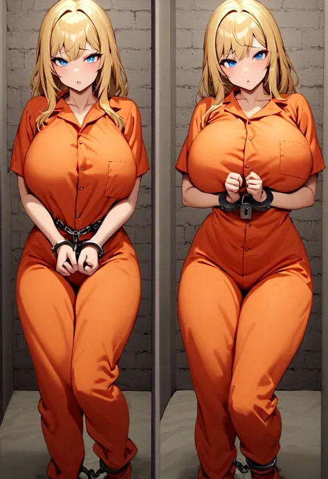 mugshot, view the viewer, huge breast, prisoner, prison girl, jailed, prisoned, orange prison jumpsuit, handcuffed, restrained, ...