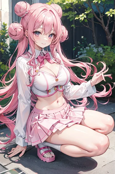 one woman, pink hair, gyaru, canine, aquamarine eyes, Double bun , 
navel, manicure, curly long hair, neat white uniform, smiling parabolic eyes, smile brightly, squatting cleavage, cute, short pink skirt, very large breasts