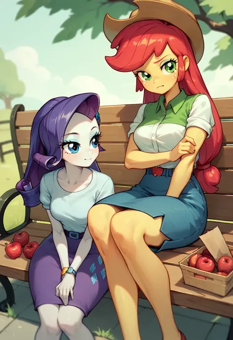 my little pony equestria girl rarity , with apple jack on the bench , apple jack is confessing to her , HUGE totties , skirts