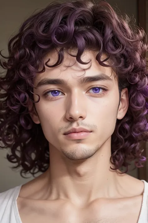 one  men, curly hair, purples eyes