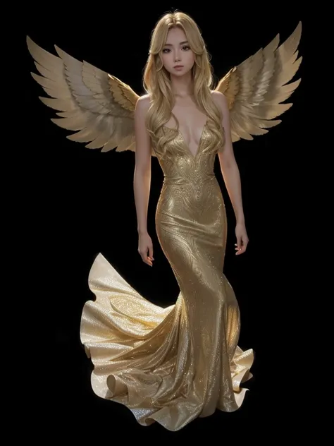 a very beautiful girl, hair blonde, long gold dress, golden dove wing.