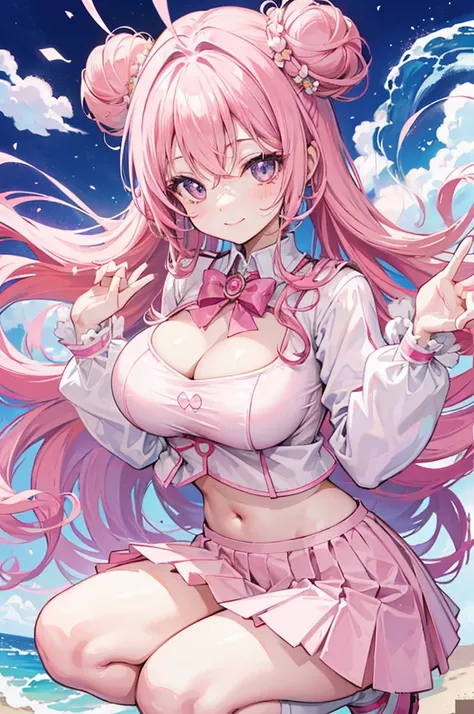 one woman, pink hair, gyaru, canine, aquamarine eyes, Double bun , 
navel, manicure, curly long hair, neat white uniform, smiling parabolic eyes, smile brightly, squatting cleavage, cute, short pink skirt, very large breasts