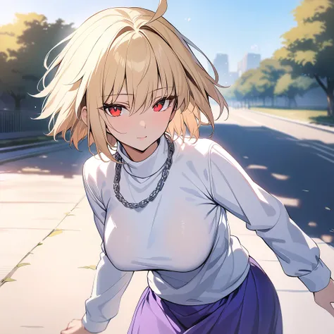 masterpiece,best quality,Arcueid,red eyes,short hair,1girl, white sweater, solo,looking at viewer, purple long skirt,hair between eyes,long sleeves,breasts,outdoors, chain necklace