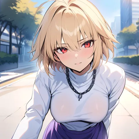 masterpiece,best quality,Arcueid,red eyes,short hair,1girl, white sweater, solo,looking at viewer, purple long skirt,hair between eyes,long sleeves,breasts,outdoors, chain necklace