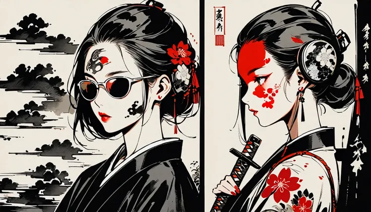 Ink Painting, (((1 girl))), (((Tattoo on face))), (((sunglasses))), (((Japanese sword))), Japanese style headphones, beautiful girl, Black Hair, Delicate and precise, Modern ukiyo-e style, background color Darkness