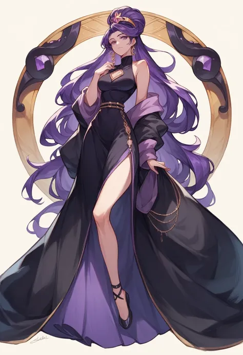 Athena，Extra long purple hair，Purple Eyes，Wearing black silk，Purple long skirt，Black long skirt，But the long skirt is very sexy and revealing，There is no decoration on the head，A black hole in the universe，Purple and black black hole