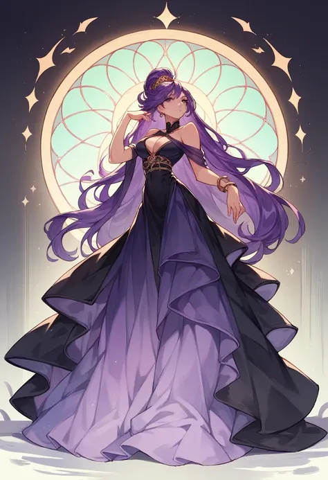 Athena，Extra long purple hair，Purple Eyes，Wearing black silk，Purple long skirt，Black long skirt，But the long skirt is very sexy and revealing，There is no decoration on the head，A black hole in the universe，Purple and black black hole