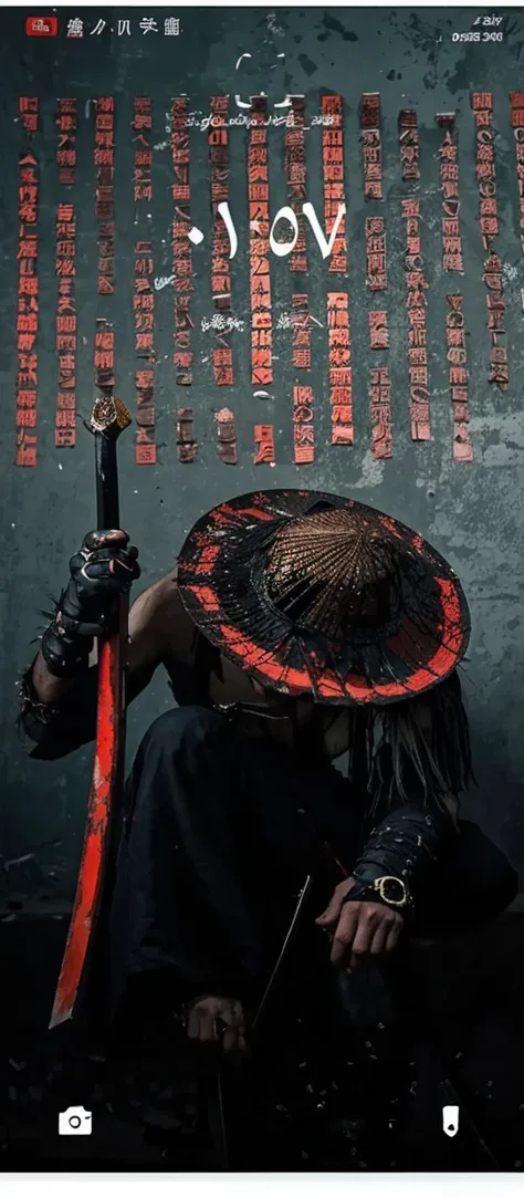 A Chinese man wearing a straw hat holds a sword in his hand with Chinese words written on it and sees a lot of blood and corpses


