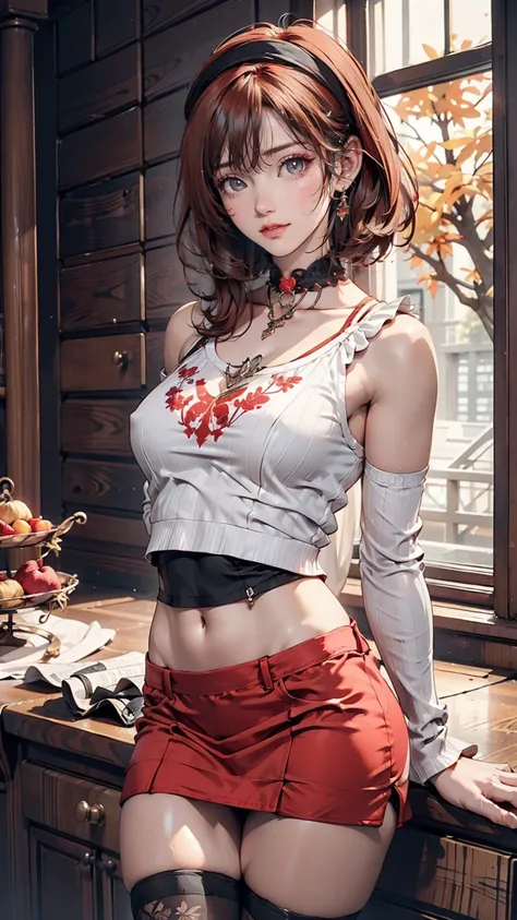 24-year-old female、Sexy proportions、Sexy、Narrow waist、Red hair、Pixie Cut、hair band、Wear a high-necked top decorated with frills、No sleeve、Wear a miniskirt、Wear high socks、smile、Choker