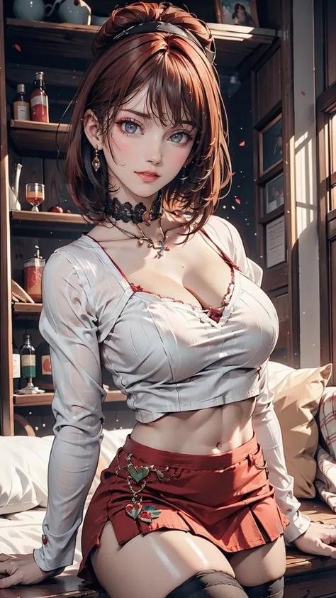 24-year-old female、Sexy proportions、Sexy、Narrow waist、Red hair、Pixie Cut、hair band、Wear a high-necked top decorated with frills、No sleeve、Wear a miniskirt、Wear high socks、smile、Choker