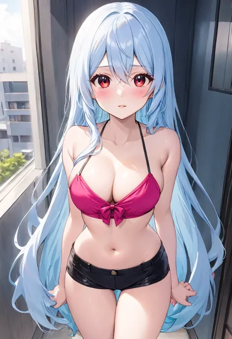 My name is Yukiko.I am a white test woman with long Sky blue hair,red eye color.I am 1.62 cm tall . My breasts measure 200 cm, my waist 40 cm and my hips 200 cm. Dressed in a tight low-cut pink blouse along with short black shorts  . With big breasts 200 c...