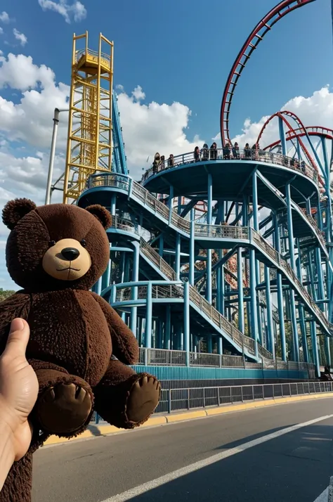 Bear doll in front of roller coaster