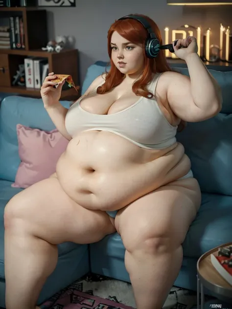 A Gamer photo of a young beautiful bottom heavy Gamer redhead ssbbw with pear-bodyhape, extreme wide hips, with long ginger hair soft fat belly, extremely wide fat obese hips, very obese legs, thick fat wide legs and fat arms, huge wide butt, cute pretty f...