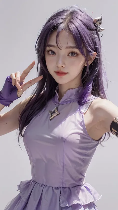 Hosino Ai, gloves, tongue sticking out, tongue, long hair, star (symbol), watch viewer, (purple hair: 1.2), purple eyes, upper body, hair ornament, ruffles, pink shirt, smile, sleeveless, shirt, idol, symbol shaped pupil, hands raised, bangs, one side up, ...