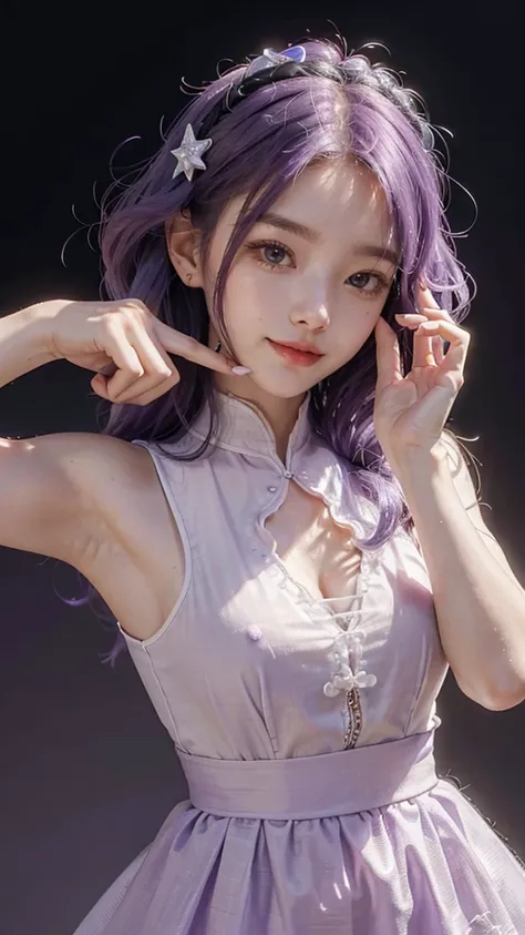 Hosino Ai, gloves, tongue sticking out, tongue, long hair, star (symbol), watch viewer, (purple hair: 1.2), purple eyes, upper body, hair ornament, ruffles, pink shirt, smile, sleeveless, shirt, idol, symbol shaped pupil, hands raised, bangs, one side up, ...