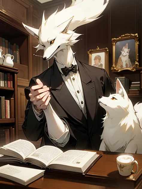 (highest quality、high resolution、8k、masterpiece: 1.2)。
an anthropomorphic gentlemanly white fox reading a magazine in a second-h...