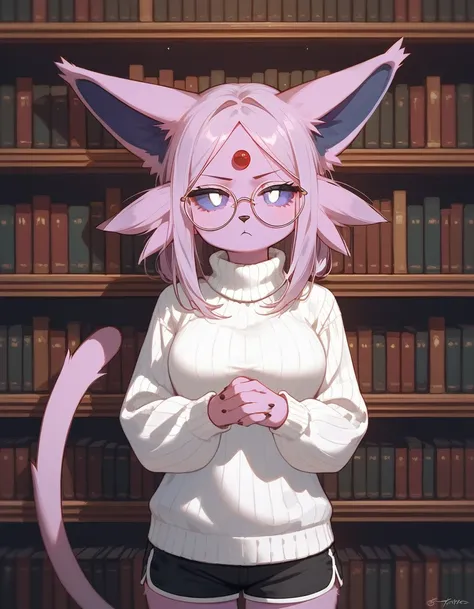 score_9,score_8_up,score_7_up, anthro furry female espeon Pokemon, purple sclera, white eyes, wearing white turtleneck sweater, black shorts, big round glasses, hands together, jitome, bored expression, serious expression, in a library, 