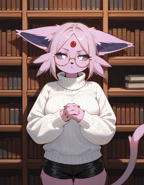 score_9,score_8_up,score_7_up, anthro furry female espeon Pokemon, purple sclera, white eyes, wearing white turtleneck sweater, black shorts, big round glasses, hands together, jitome, bored expression, serious expression, in a library, 