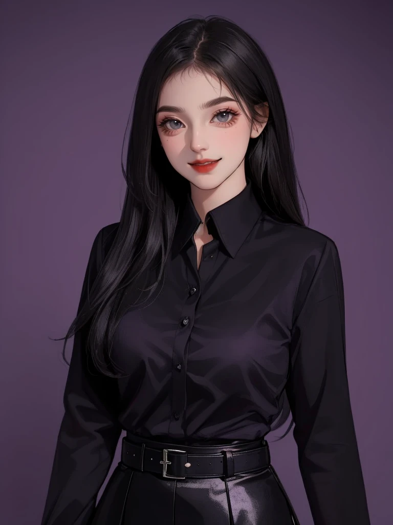 (masterpiece,best quality,1girl, black long hair, smile, wear a black shirt, belt, purple skirt, purple background