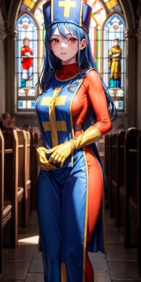 masterpiece, best quality, 4k, 8k, priest (dq3), 1girl, solo, long hair, blue hair, red eyes, mitre, tabard, cross print, orange bodysuit, elbow gloves, large breasts, praying, nature, church, Stained glass, holylight, cowboy shot, from front, look at view...