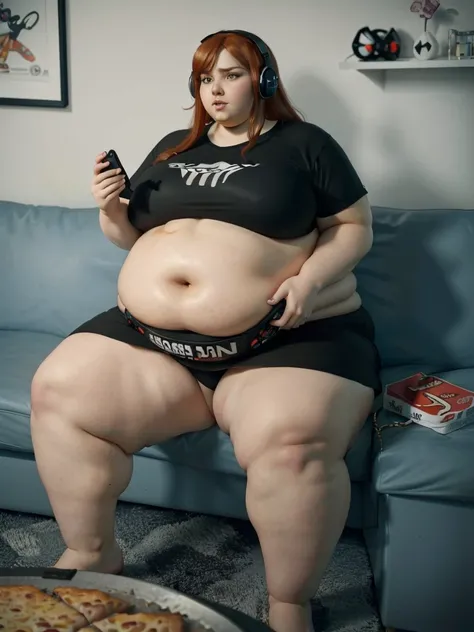 A Gamer photo of a young beautiful bottom heavy Gamer redhead ssbbw with pear-bodyhape, extreme wide hips, with long ginger hair soft fat belly, extremely wide fat obese hips, very obese legs, thick fat wide legs and fat arms, huge wide butt, cute pretty f...