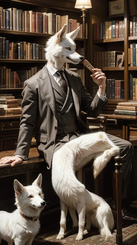 (Highest quality、High resolution、8K、masterpiece: 1.2)。
An anthropomorphic gentlemanly white fox reading a magazine in a second-hand bookstore。On the antique furniture table, steaming coffee and cigars are placed.、I can see she&#39;s enjoying it。Secondhand ...