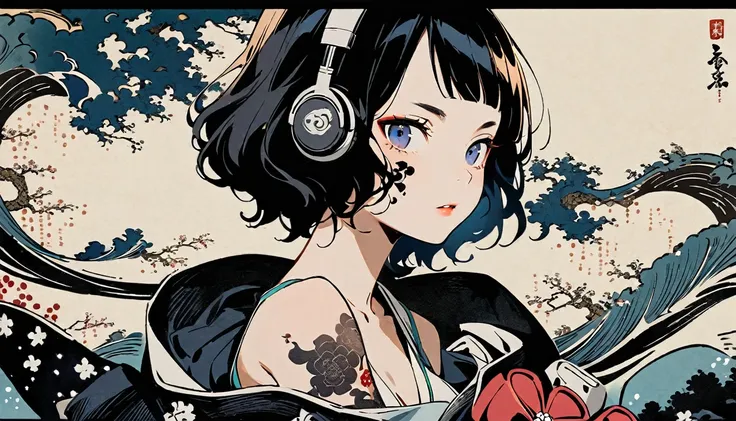 Highest quality, Katsushika Hokusai, Ink Painting, (((1 girl))), (((Tattoo on face))), Japanese style headphones, beautiful girl, Black Hair, Delicate and precise, Modern ukiyo-e style, Darkness